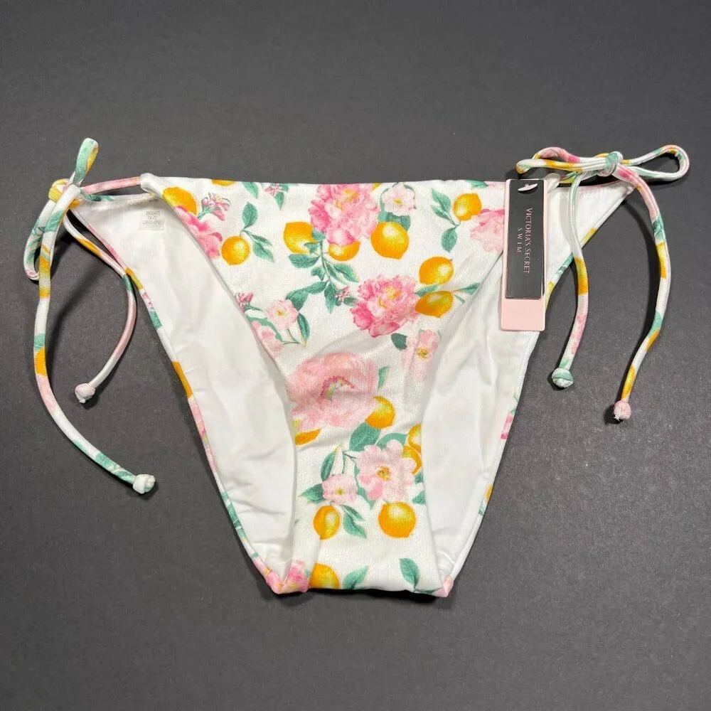 Victoria Secret Small S Bikini Bottom Cheeky Side Tie String Bow Floral Lemon